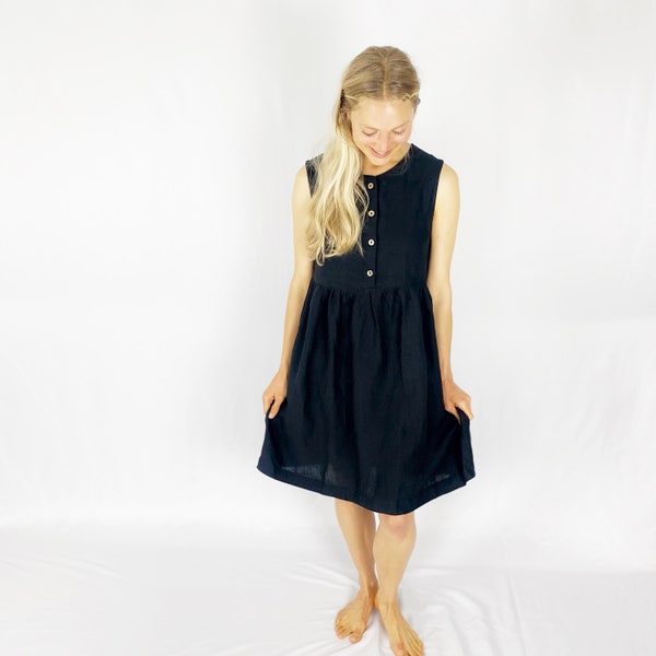 Versatile Black Sleeveless Dress, Linen Buttondown Dress with Hidden Pockets, Capsule Wardrobe Essential - MALIBU, Wedding Guest Dress