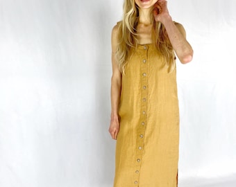 Sleeveless Dress with Hidden Pockets, button front Linen Dress, Maternity Dress,Dress with square neck and Belt, Visalia, Christmas Gift