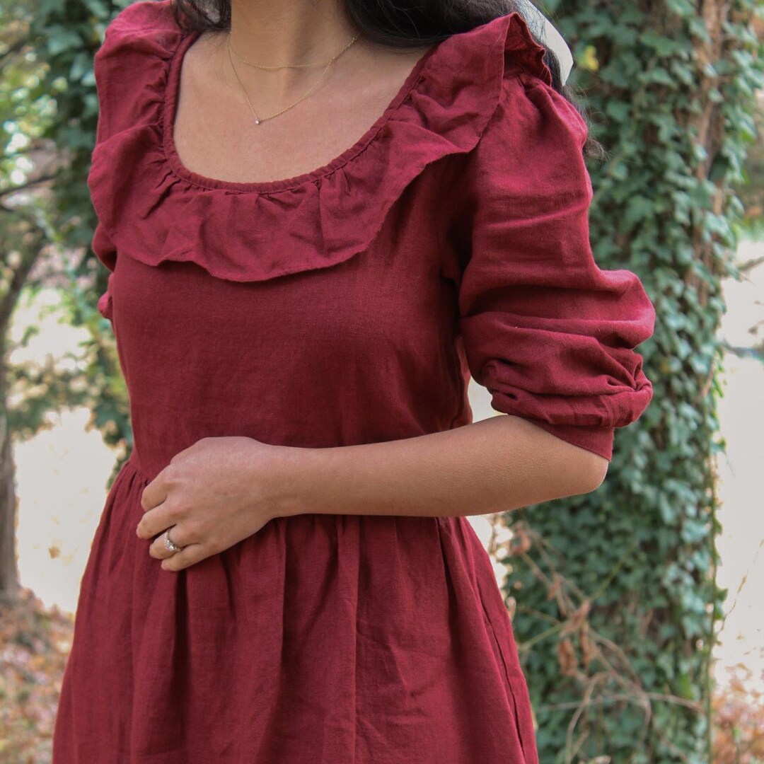 Linen Blend Crew Neck Long Sleeve Casual Pocket Holiday Maxi Dress main image 1