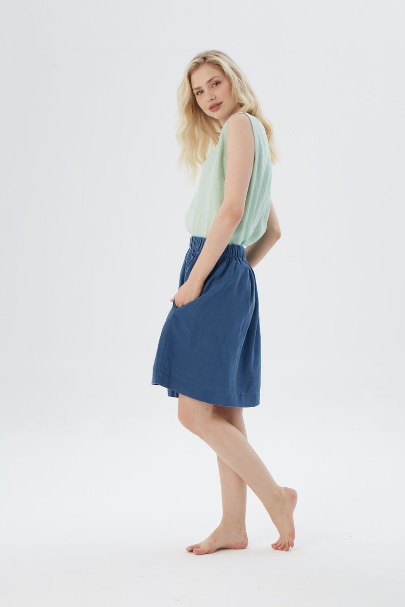 Jeans Blue Linen Mini Skirt Skirt with Hidden Pocket, LA JOLLA Customizable Length & Colors image 6