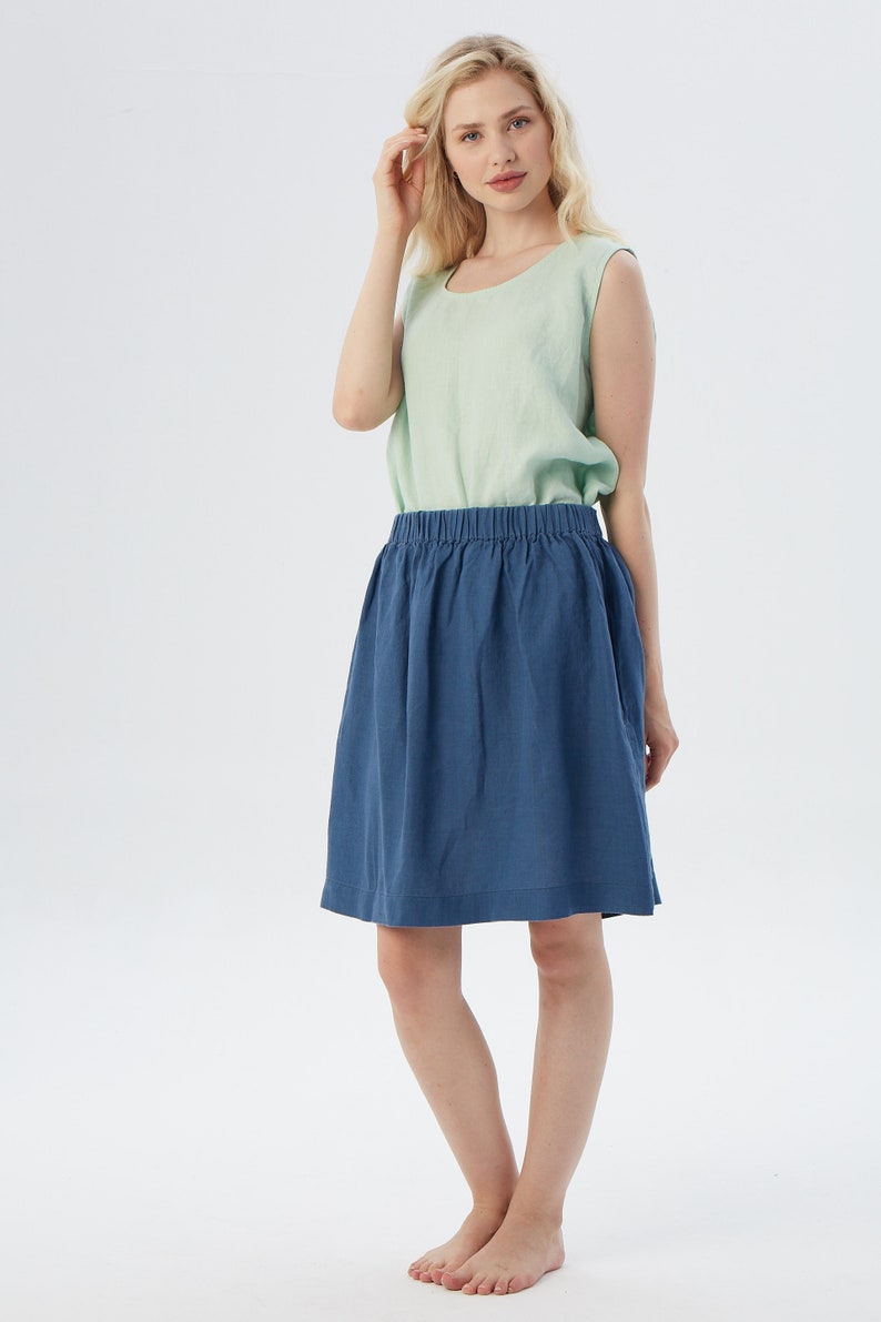 Jeans Blue Linen Mini Skirt Skirt with Hidden Pocket, LA JOLLA Customizable Length & Colors image 5