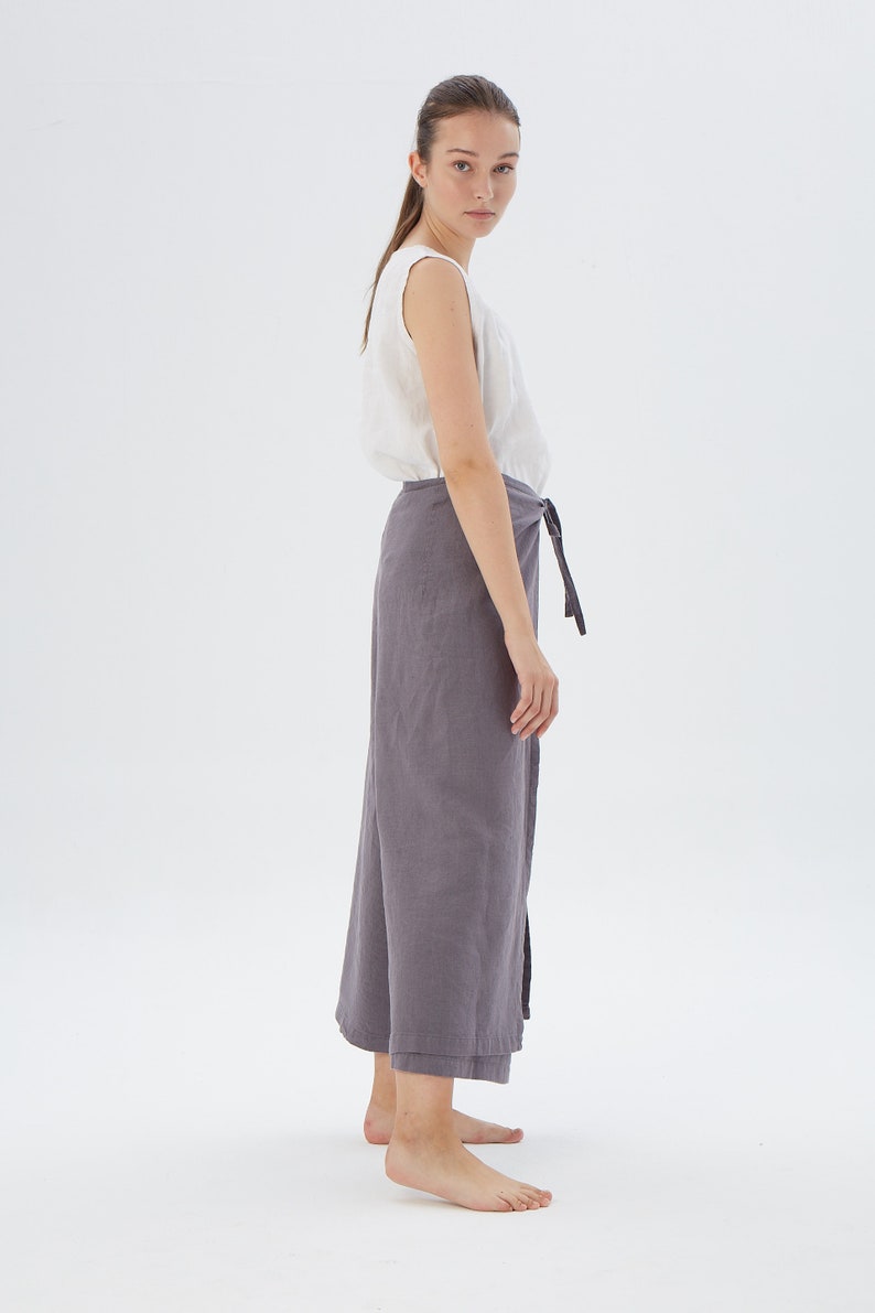 Wide leg wrap around linen pants TEXAS / Overlapping waist linen skirt pants at your desired length / Mothers Day Gift image 5