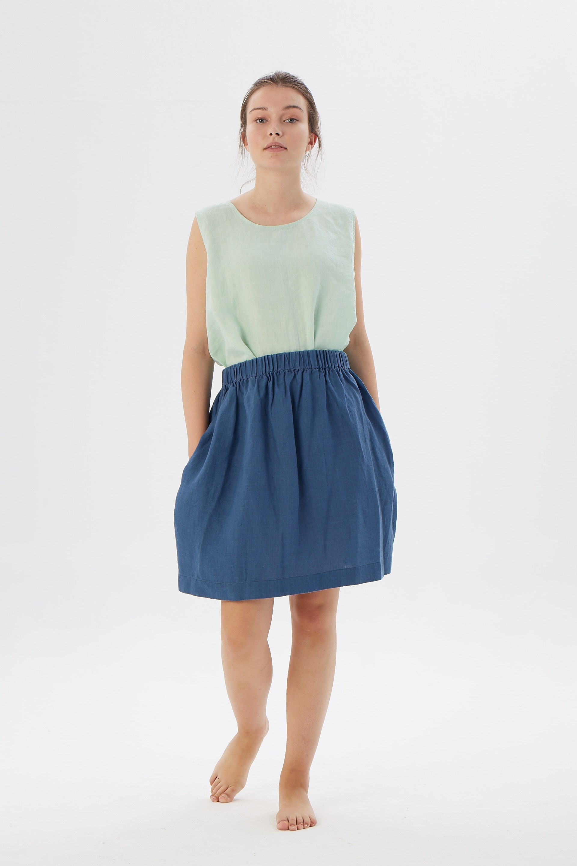 Linen skirt with hidden side pockets LA JOLLA / Elastic waist linen