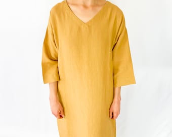 Langes Leinenkleid, Carmel / Kleid mit V-Ausschnitt / Gewaschene Leinen Tunika / Leinen Maxikleid / in 40 Farben / Geschenk zum Muttertag