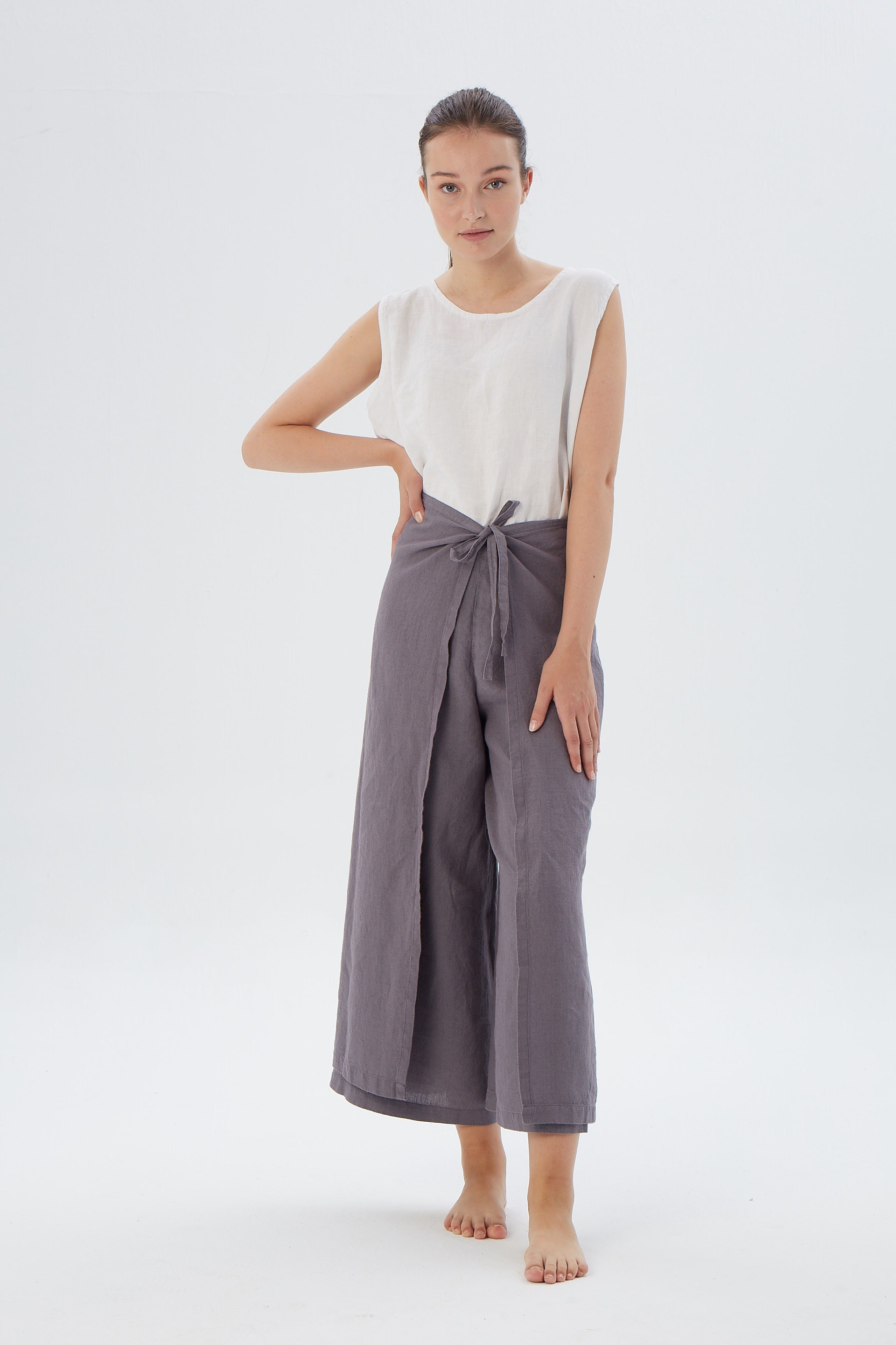 Wide leg wrap around linen pants TEXAS, Overlapping waist Wide leg wrap around linen pants TEXAS, Overlapping waist