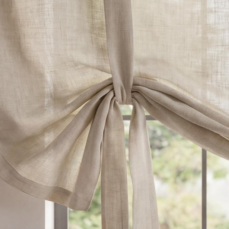 Adjustable European Linen Tie-Up Curtain, Natural Drapes, Kitchen Valance, home_1029 image 5