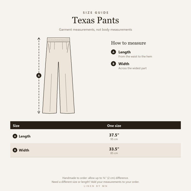 May include: A size guide for Texas Pants featuring a line drawing of wide-leg trousers. It includes instructions for measuring length and width, with a table showing a length of 37.5 inches and a width of 33.5 inches for one size.