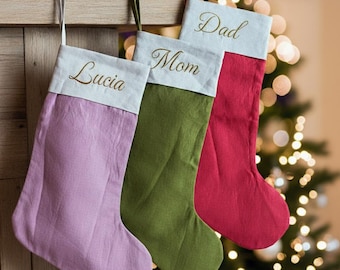 Calcetín navideño de lino personalizado con puño, calcetín personalizado hecho a mano, calcetín bordado, calcetín moderno con apellido familiar, regalo de Navidad