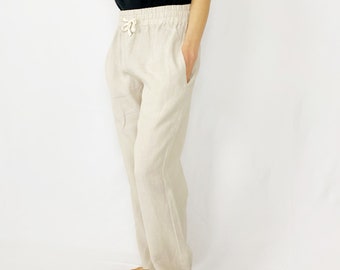 Pantalon en lin avec poches latérales cachées / Pantalon décontracté en lin / Pantalon pour femme avec taille élastique à la longueur souhaitée / Fête des Mères