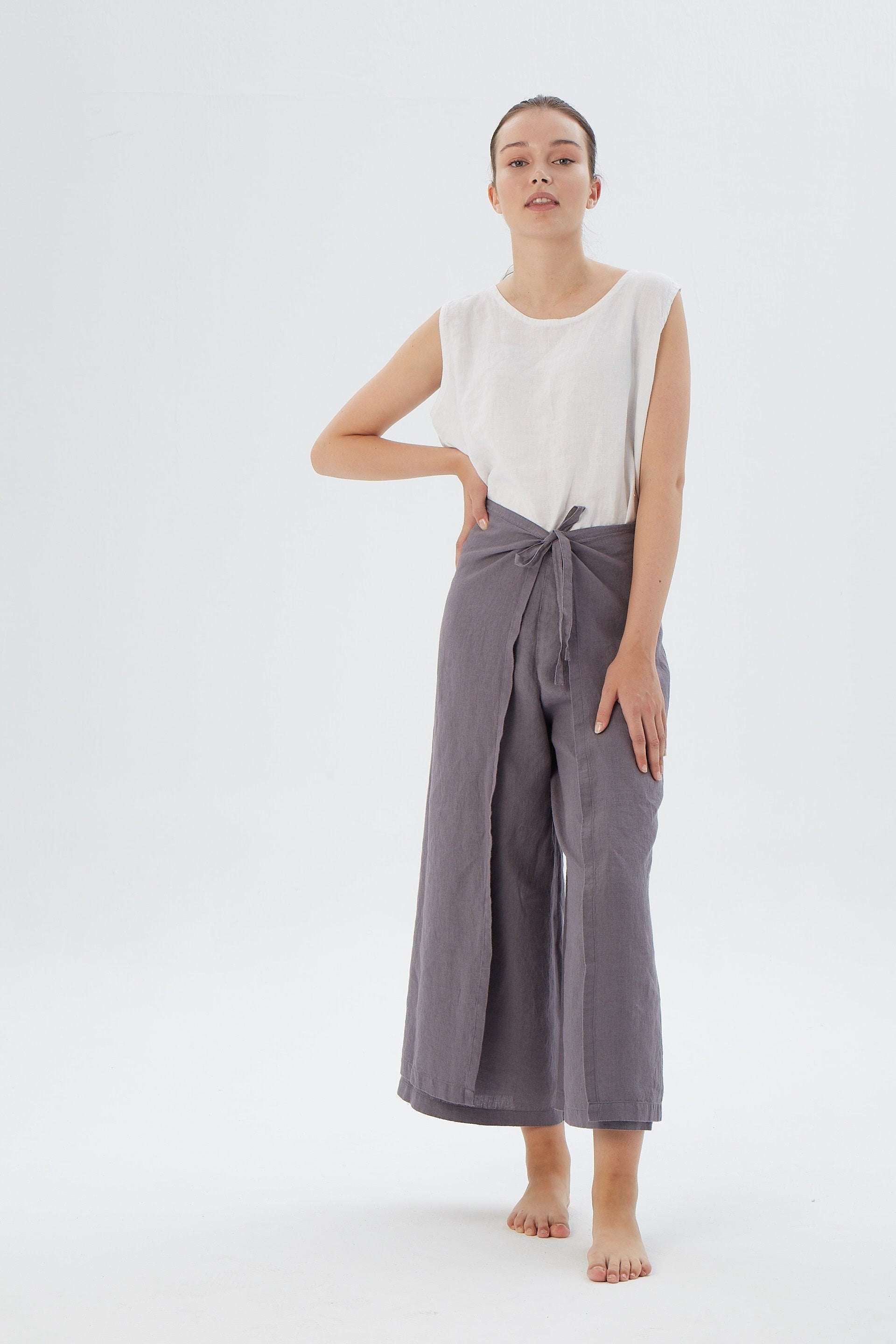HAREM PANTS wide leg wrap around linen pants TEXAS / Overlapping waist