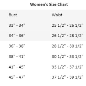 May include: Women's size chart with measurements in inches for bust, waist, and hip. Sizes range from XS to XXL, with corresponding numerical sizes and bust, waist, and hip measurements.