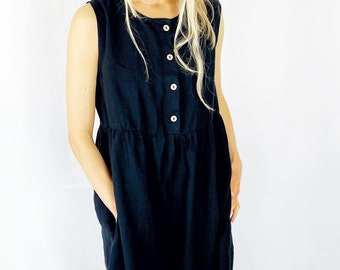 Versatile Black Sleeveless Dress | Linen Buttoned Dress in Various Colors | Capsule Wardrobe Essential - MALIBU | Mothers Day Gift