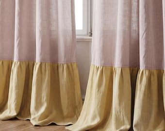 Custom Linen Curtain with Ruffles, Dual Color Curtain (1 Panel), Tie Top Tab Top Rod Pocket Curtains, Neutral Linen Drapes, home_1027