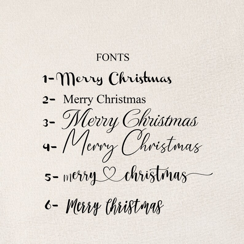 May include: A collection of six different fonts displaying the phrase "Merry Christmas".