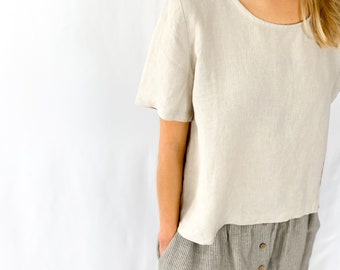 Short Sleeve Linen Blouse Long Island / Linen short sleeve Shirt / Linen loose blouse / Linen Clothing for Women / Mothers Day Gift