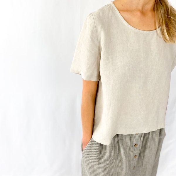 Short Sleeve Linen Blouse Long Island / Linen short sleeve Shirt / Linen loose blouse / Linen Clothing for Women / Mothers Day Gift
