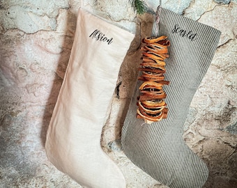 May include: Two Christmas stockings hanging side by side. One is solid off-white with the name Alsion printed in black. The other is grey and white striped with the name Scarlet printed in black and a stack of dried orange slices.