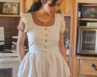 Linen Pinafore Dress with Patch Pockets, VISTA, Linen Apron Dress with Ruffles, Mothers Day Gift