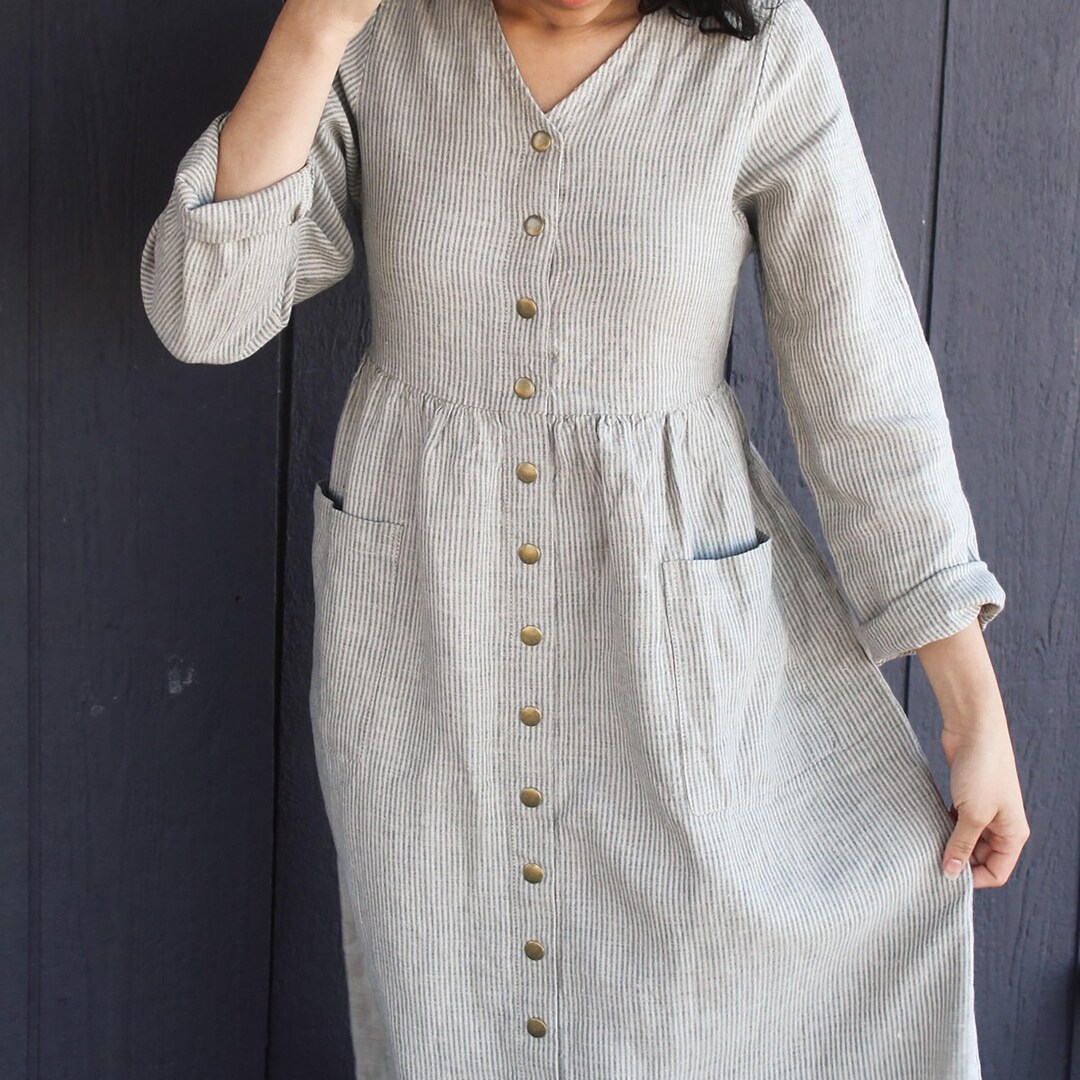 Linen Dress With Long Sleeves, Back Tie and Pockets, LA MESA, Casual ...