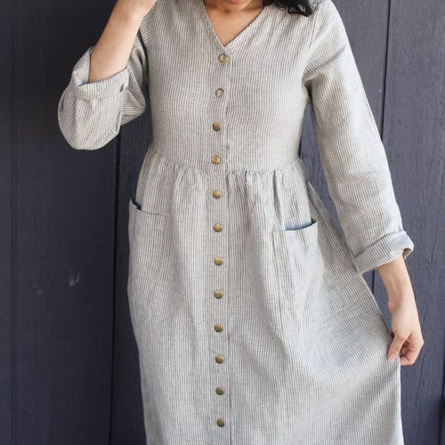 Linen Dress With Long Sleeves, Back Tie and Pockets, LA MESA, Casual Dress With Snaps, Long Dress, Conservative Dress, Mom Gift, Dress_84