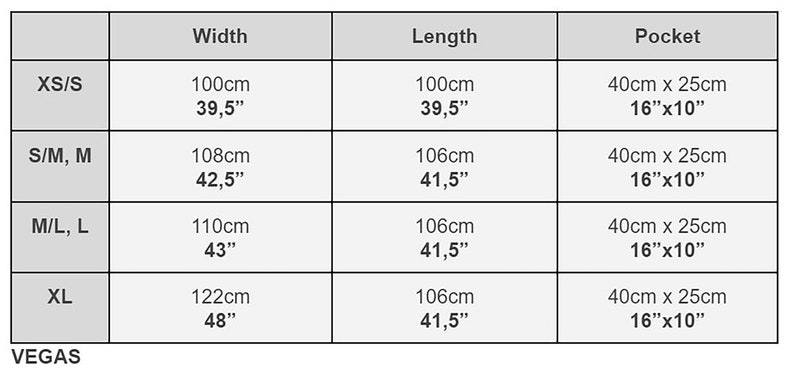 May include: A table showing size chart for a garment with measurements in inches and centimeters. The chart shows the width and length of the garment in inches and centimeters, as well as the pocket size in inches and centimeters. The sizes listed are XS/S, S/M, M/L, and XL.