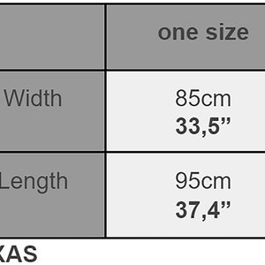 Puede incluir: Una tabla de tallas que indica "talla &uacute;nica". El ancho es de 85 cm (33,5 pulgadas), y el largo es de 95 cm (37,4 pulgadas). La palabra "TEXAS" est&aacute; en la parte inferior.