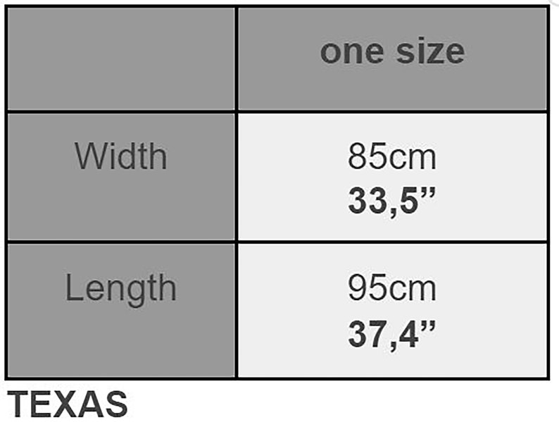 Puede incluir: Una tabla de tallas que indica "talla &uacute;nica". El ancho es de 85 cm (33,5 pulgadas), y el largo es de 95 cm (37,4 pulgadas). La palabra "TEXAS" est&aacute; en la parte inferior.