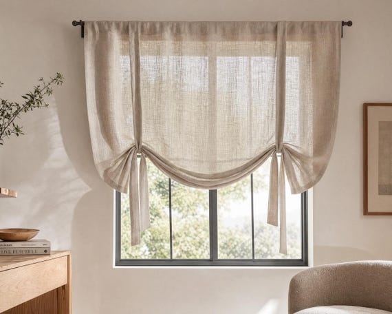 Adjustable European Linen Tie-Up Curtain, Natural Drapes, Kitchen Valance, home_1029