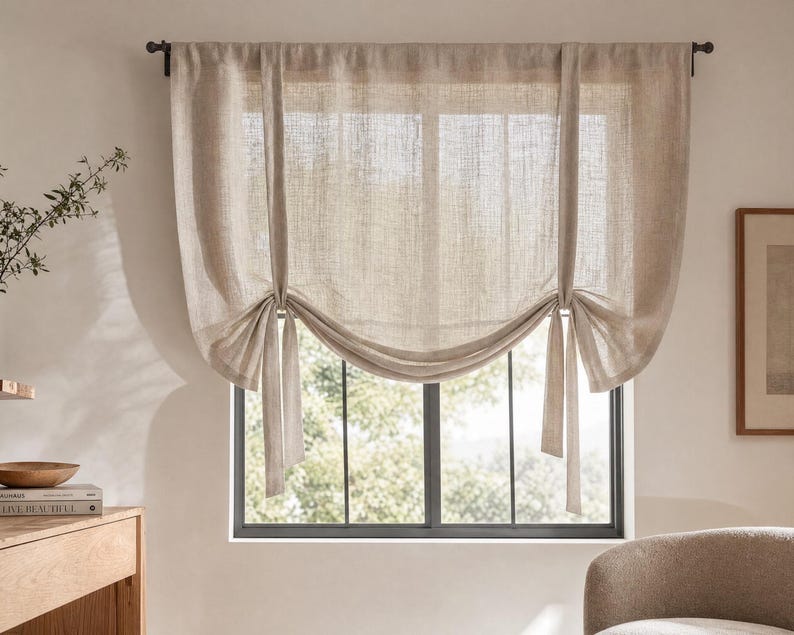 Adjustable European Linen Tie-Up Curtain, Natural Drapes, Kitchen Valance, home_1029 image 1