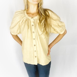 Balloon Sleeve Linen Blouse, Puffy Sleeve Linen Top, Linen