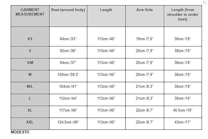 May include: A size chart for a garment with measurements in inches and centimeters. The chart shows the bust, length, arm hole, and length from shoulder to under bust for sizes XS, S, S/M, M, M/L, L, XL, and XXL.