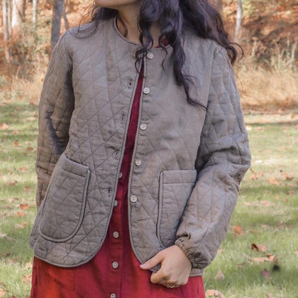 Gewaschene Leinen Steppjacke Leinenjacke Bio-Steppmantel Leinen Damenkleidung Leinen Herbst Outfit Weihnachtsgeschenk Kleid_124