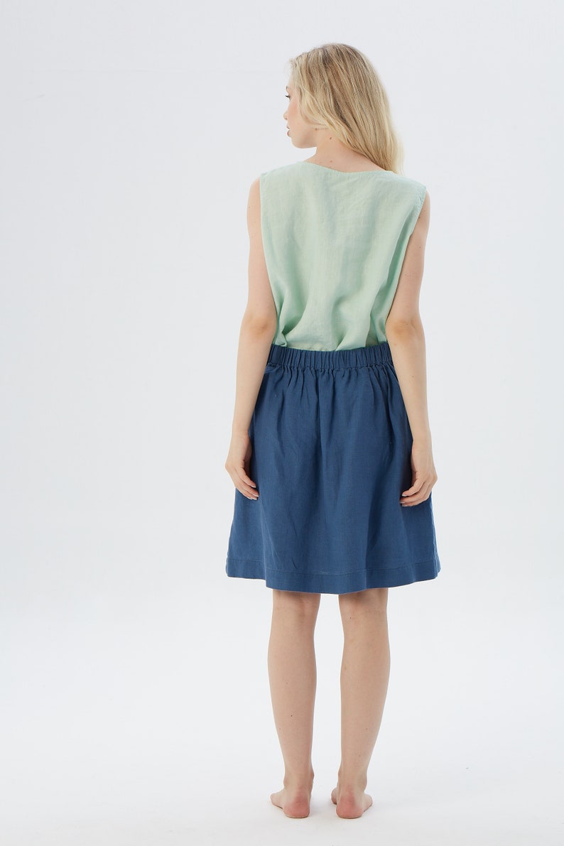 Jeans Blue Linen Mini Skirt Skirt with Hidden Pocket, LA JOLLA Customizable Length & Colors image 4