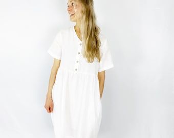 Ready to go Linen dress with short sleeves and hidden side pockets, HUNTINGTON  / White Linen Dress / Mothers Day Gift