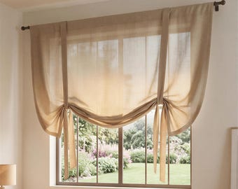 Linen Tie-Up Curtain, European Linen Natural Drapes, Kitchen Curtain, home_1029