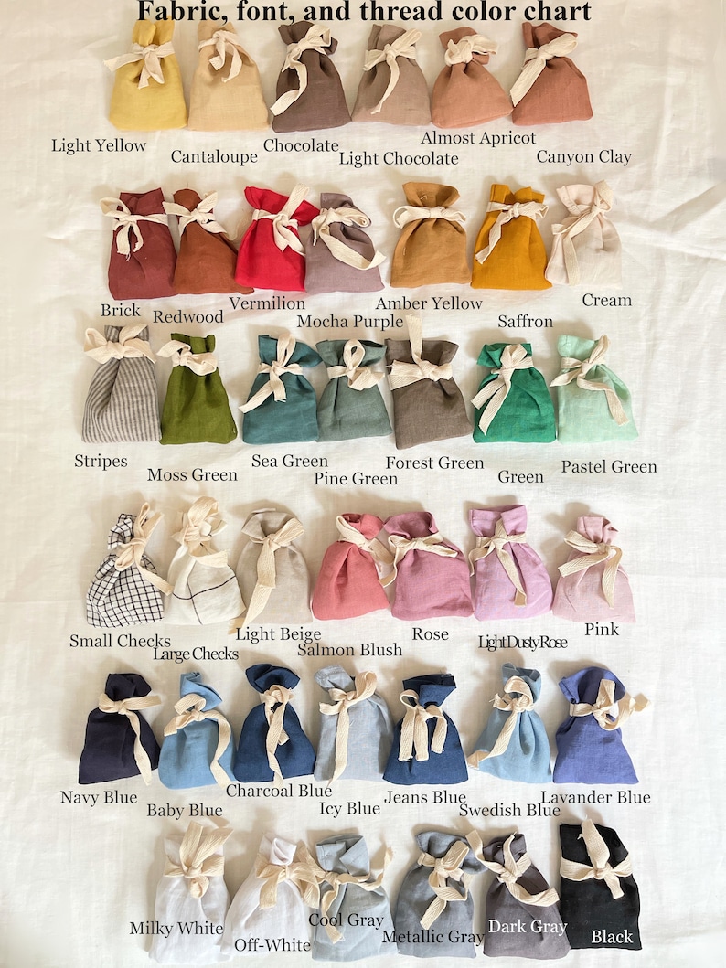 May include: Color chart of fabric swatches in the form of small drawstring bags. The chart includes colors like light yellow, cantaloupe, chocolate, light chocolate, almost apricot, canyon clay, brick, redwood, vermilion, amber yellow, mocha purple, saffron, cream, stripes, moss green, sea green, forest green, pine green, pastel green, green, small checks, light beige, rose, pink, large checks, salmon blush, light dusty rose, navy blue, baby blue, charcoal blue, icy blue, jeans blue, swedish blue, lavander blue, milky white, cool gray, dark gray, off-white, metallic gray, and black.