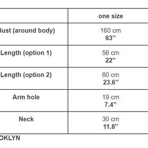 May include: Size chart for a garment with measurements in inches and centimeters for bust, length, arm hole, and neck.