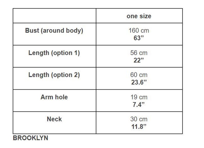 May include: Size chart for a garment with measurements in inches and centimeters for bust, length, arm hole, and neck.