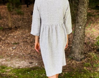 Spring Linen Dress with Sleeves, Hidden Side Pockets, and Buttons, Midi Linen Dress - San Clemente - Mothers Day Gift