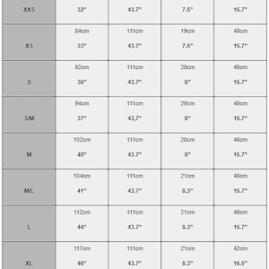 May include: A garment measurement chart with size details. Measurements include bust (32" to 49"), length from shoulder to hem (43.7"), arm hole (7.5" to 8.3"), and length from shoulder to waist (15.7" to 17").