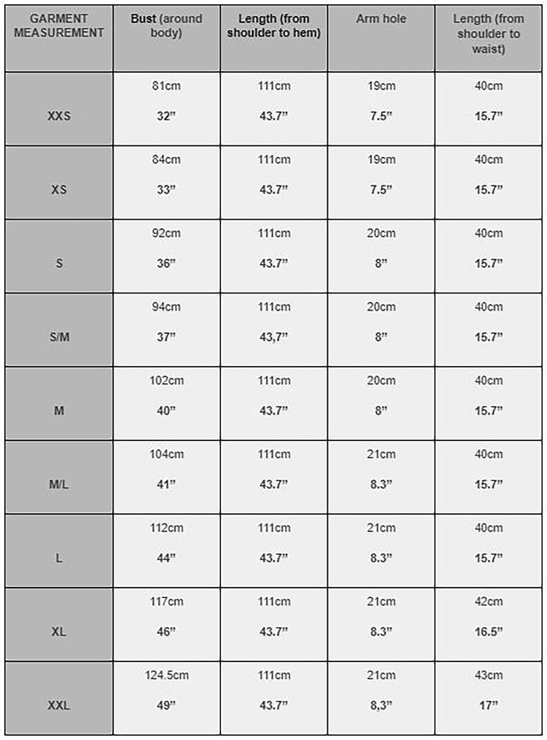 May include: A garment measurement chart with size details. Measurements include bust (32" to 49"), length from shoulder to hem (43.7"), arm hole (7.5" to 8.3"), and length from shoulder to waist (15.7" to 17").