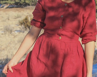 Vestido de lino con broches, Vestido largo de lino con corbata trasera, DOWNEY, Regalo del Día de las Madres