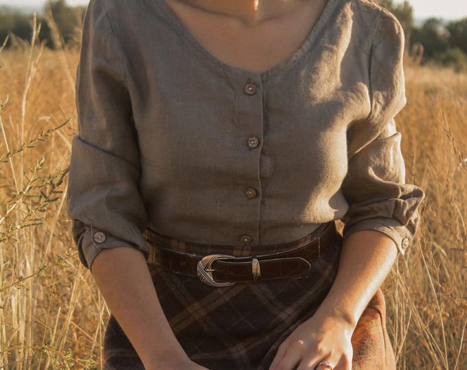 Ready to Go Linen Long Sleeve Shirt, Button-Down, Scoop Neck Top, Blouse, 100% Linen, Women's Clothing, Christmas Gift, dress_107