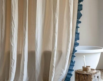 Tenda in lino (1 pannello) con volant, tenda da caffè con volant, divisorio in tessuto, tende in lino, tende naturali, tende extra lunghe