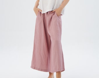 Palazzo pants with side pockets, AUSTIN / Elastic waist linen pants at your desired length / Mothers Day Gift