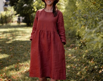 Linen Fall dress with long Sleeves, LA JOLLA, Sustainable Linen Wardrobe, Mothers Day Gift