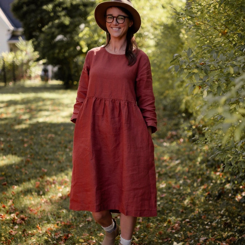 Linen Fall dress with long Sleeves, LA JOLLA, Sustainable Linen Wardrobe, Mothers Day Gift image 1