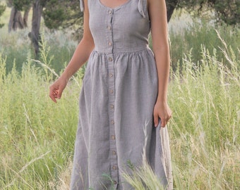 Abito midi in lino con lacci funzionali sulle spalle, SIERRA, must-have dell'estate, abito casual, abito da damigella d'onore, regalo per la festa della mamma