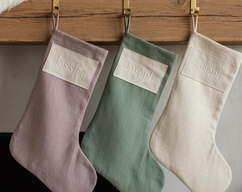 Custom Linen Stocking with Patch, Embroidered Stocking Handmade Stocking, Family Name Stocking, Christmas Gift, Family Stockings