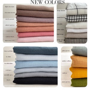 May include: A collection of fabric swatches in various colors and patterns, including light chocolate, chocolate brown, mocha purple, almost apricot, salmon blush, light dusty rose, charcoal blue, icy blue, Swedish blue, cool grey, metallic grey, black, large checks, small checks, off white, milky white, light beige, beige grey stripe, pine green, amber yellow, saffron, and moss green.